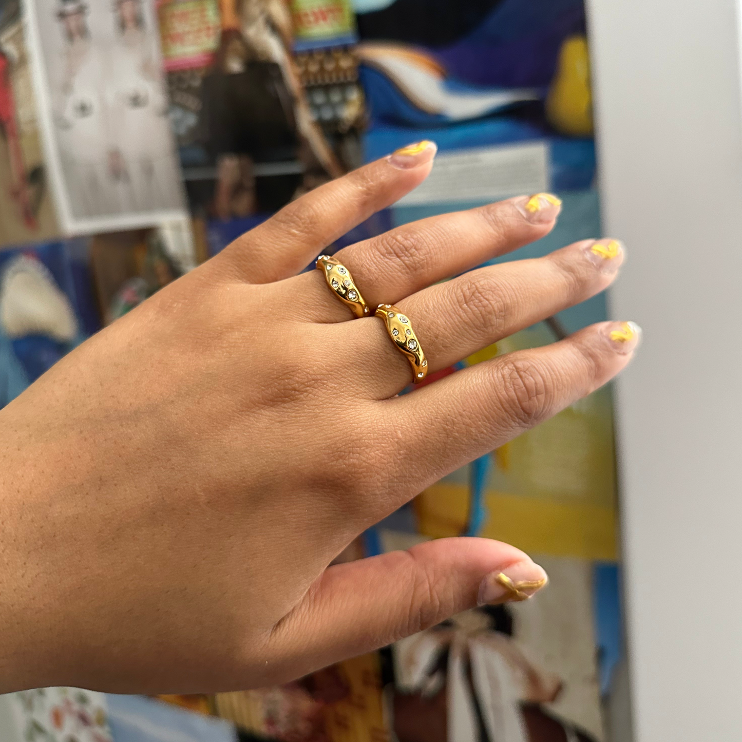 Wavy Crystal Gold Ring